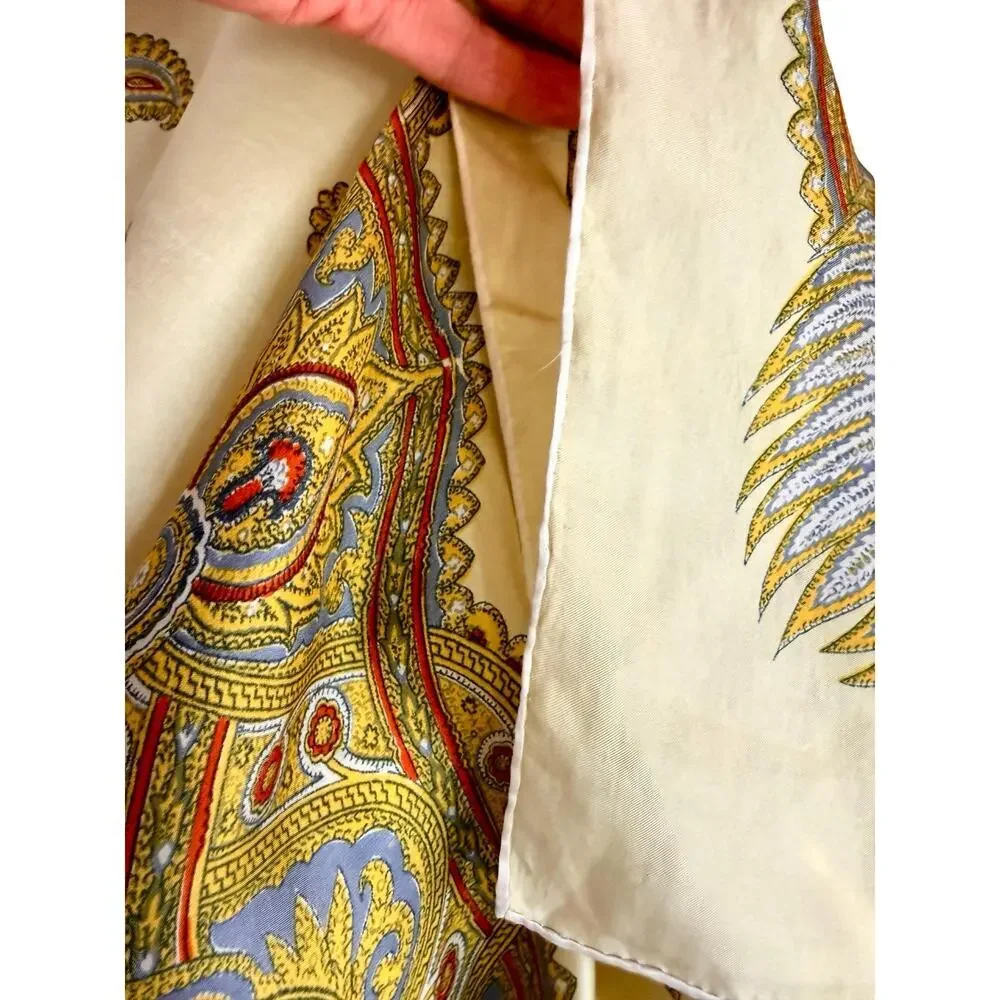 Vintage 1970s Silk Paisley Scarf Ivory Gold Hand Rolled Edges 33” Square British